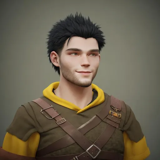 Prompt: Digital art, 22-year-old viking man, viking gear, medium-length black hair, short black stubble beard, subtle smile, hazel eyes, yellow viking gear, adventurer, unreal engine 8k octane, 3d lighting