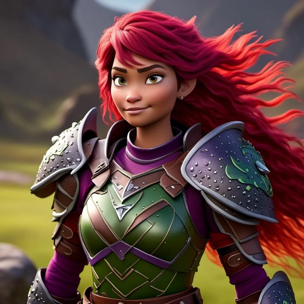 Prompt: <mymodel>Animated CGI style of a fierce Caucasian white Viking female about 25 years old, purple hair, detailed facial features, leather armor ((red)) and green armor, battle axe and shield, intense and determined expression, dynamic and powerful pose, high definition, CGI, detailed armor, fierce female, Nordic designs, battle-ready, dynamic pose, professional lighting