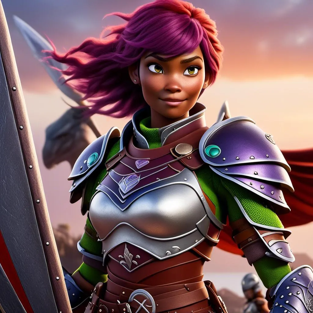 Prompt: <mymodel>Animated CGI style of a fierce Caucasian white Viking female about 25 years old, purple hair, detailed facial features, leather armor ((red)) and green armor, battle axe and shield, intense and determined expression, dynamic and powerful pose, high definition, CGI, detailed armor, fierce female, Nordic designs, battle-ready, dynamic pose, professional lighting