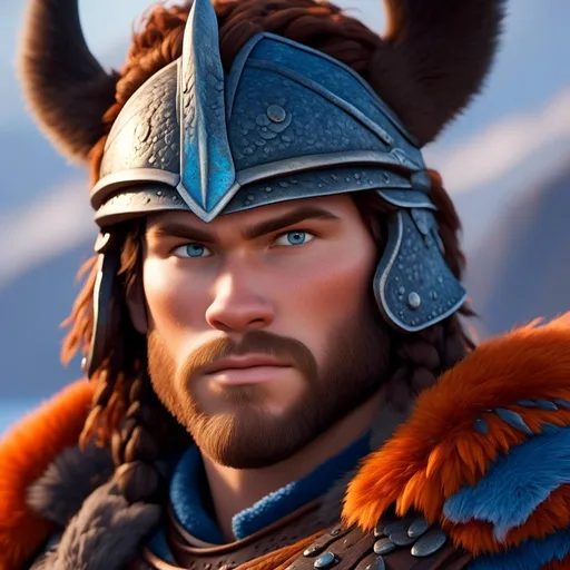 Prompt: <mymodel>Animated CGI style of a fierce 24-year-old Caucasian Viking with dark hair, light body build, intense gaze, realistic (bright blue armor) with highlights of orange textures, high quality, CGI, realistic, intense gaze, viking, male, Caucasian, detailed facial features, high res, professional, intense lighting