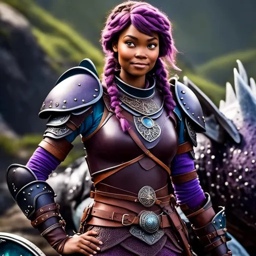 Prompt: <mymodel>a photo of a viking female with purple gear and armor