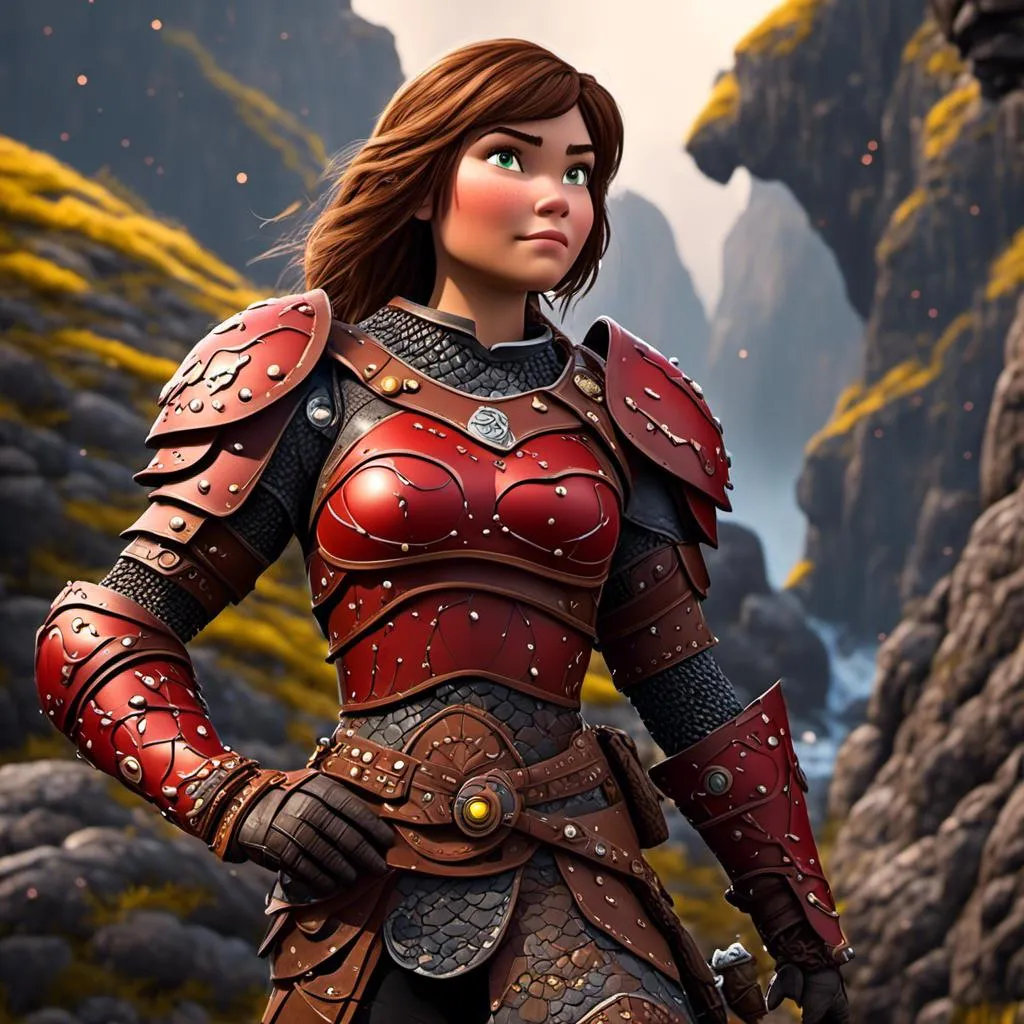 Prompt: <mymodel>CGI Animation of a viking female, brown hair in her face, hazel eyes, bright red gear and armor, she has heavy gauntlets on her hands with armored gloves, yellow highlights and textures, standing in a viking village, intricate details, high quality, digital painting, cool tones, dramatic lighting