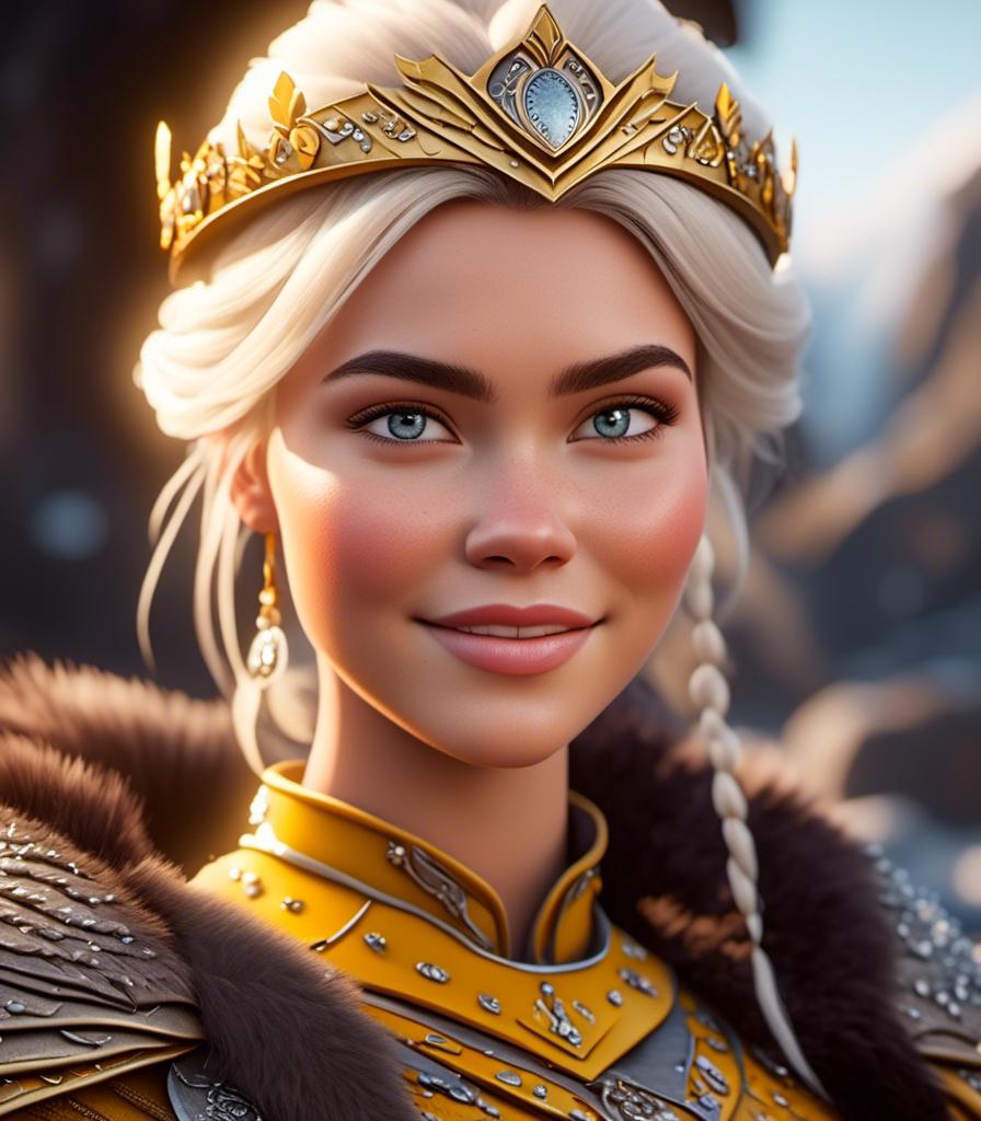 Prompt: <mymodel>CGI Animation, digital art, 20-year-old-old viking woman with light blue eyes, yellow clothes, gold colored armor, white hair, straight hair with a tiara, subtle smile, unreal engine 8k octane, 3d lighting, close up camera shot on the face, full armor