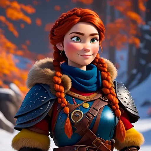 Prompt: <mymodel>CGI Animation, close-up portrait of the face, 20-year-old-old pirate viking woman sitting on a snow bank, a snowy scene, {{yellow gear, blue armor}}, hazel red hair, an updo style of hair with a faded buzz cut on the side of the head, subtle smile, beads hair, small red earrings, multiple braids, yellow gear, straight hair, green eyes, bracelets, rings on fingers, mercenary gear, unreal engine 8k octane, 3d lighting, close up camera shot on the face, full armor