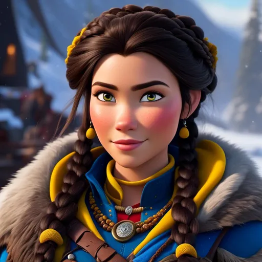 Prompt: <mymodel>CGI Animation, close-up portrait of the face, 20-year-old-old pirate viking woman sitting on a snow bank, a snowy scene, {{yellow gear, blue armor}}, black hair, an updo style of hair pulled back into straight hair, subtle smile, beads hair, small red earrings, multiple braids, yellow gear, straight hair, green eyes, bracelets, rings on fingers, mercenary gear, unreal engine 8k octane, 3d lighting, close up camera shot on the face, full armor