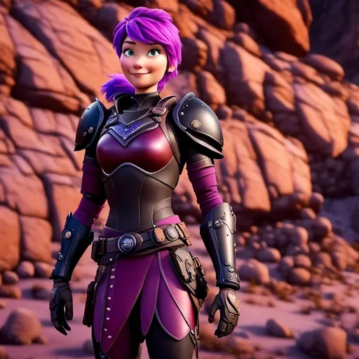 Prompt: <mymodel>CGi Animation, 25-year-old viking woman, purple hair, one braid, caucasian, subtle smile, light blue eyes, black gear, bright purple armor, black textures and highlights, unreal engine 8k octane, 3d lighting, full body, full armor