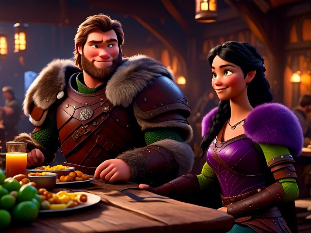 Prompt: <mymodel>CGI Animation, digital art, 20-year-old-old viking woman of royalty standing a busy tavern having a meal with her husband Jarl, Jarl is clean shaven, {{the woman has purple armor}}, black hair, straight hair with a tiara, subtle smile, Jarl has green armor and brown gear, unreal engine 8k octane, 3d lighting, close up camera shot on the face, full armor