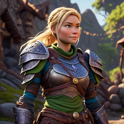 Prompt: <mymodel>CGI Animation of female viking, blonde straight hair a hairband, blue eyes, bright purple and green armor, yellow highlights dor gear and textures, full light body armor, standing in a viking village, intricate details, high quality, digital painting, cool tones, dramatic lighting