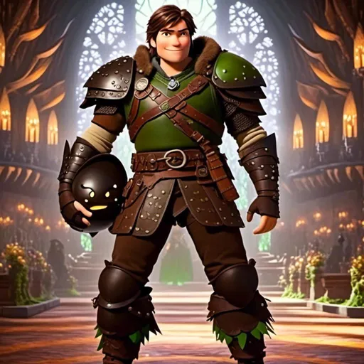 Prompt: <mymodel> viking man, lawyer, thin, small stature, standing in The Great Hall, medium length brown hair, brown eyes, no armor, European-like brown gear, brown leather vest, long sleeve green shirt underneath the brown leather vest, black highlights on his clothes, brown pants, brown boots, historical, strong and natural lighting