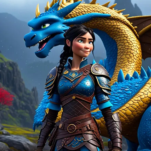 Prompt: <mymodel>CGi Animation, 20-year-old viking woman with blue eyes, a rainy scene, she is standing next to a bright blue dragon with gold highlights, they are both in the rain, the viking woman has a subtle smile, black hair with two pigtail braids, she has blue gear, gold armor, black pants, black boots