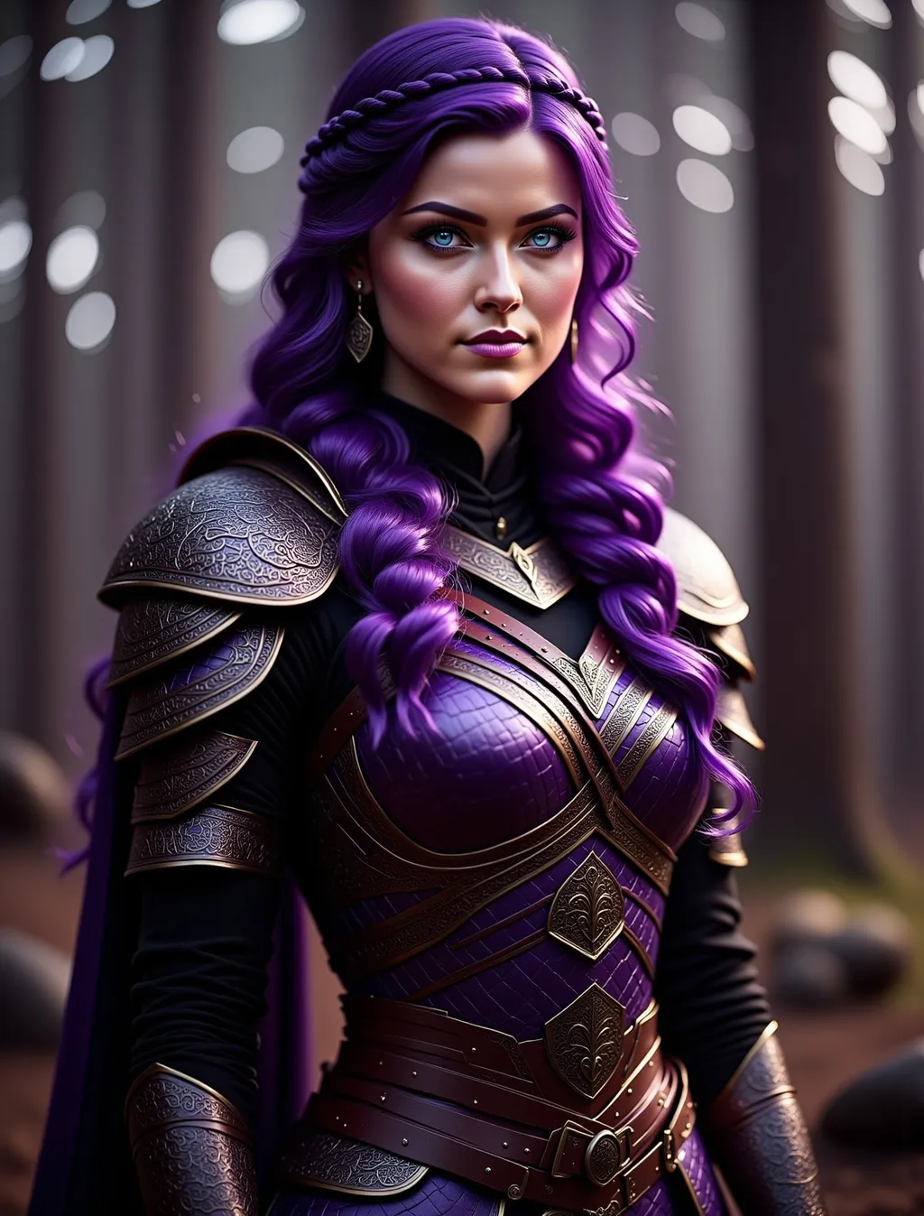 Prompt: <my model> she has dark purple hair, create most beautiful fictional female viking princess warrior, soft skin tones, full body shot from head to boots including hands, dark purple hair, light blue eyes, extremely detailed village environment at night, detailed background, intricate details, professionally color graded, soft lighting, photorealism, 8k, moody lighting