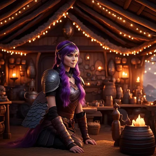 Prompt: Photo of <mymodel> viking in the style of 3D animation from "How to Train Your Dragon" standing in her viking hut