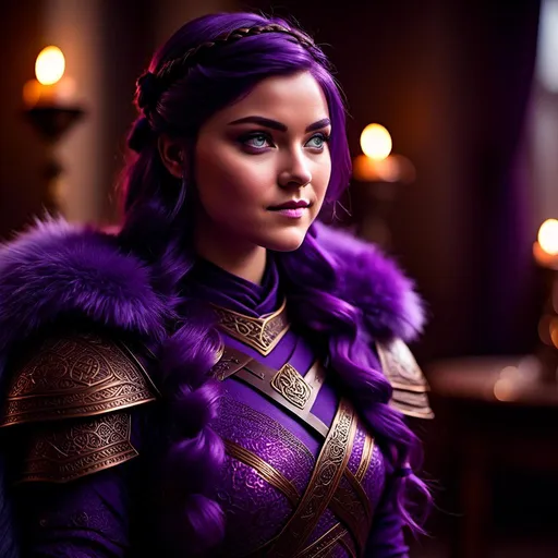 Prompt: A photo of <mymodel> with a heavy purple fur tunic in the The Great Hall from How to Train Your Dragon, ((she has a single hair braid down her shoulder))