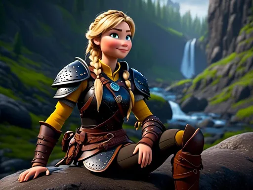 Prompt: <mymodel>CGi Animation, 20-year-old viking woman with blue eyes, she is wearing a helmet, a rainy scene, she is sitting on a boulder in a forest, the viking woman has a subtle smile with it pouring down rain, blonde hair in a ponytail style, she has blue gear, gold armor, black pants, black boots