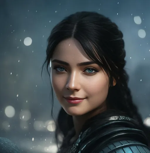 Prompt: she has black hair, create most beautiful fictional female viking warrior, hopeful smile, black hair, light blue eyes, extremely detailed environment, detailed background, intricate, detailed skin, professionally color graded, photorealism, 8k, moody lighting