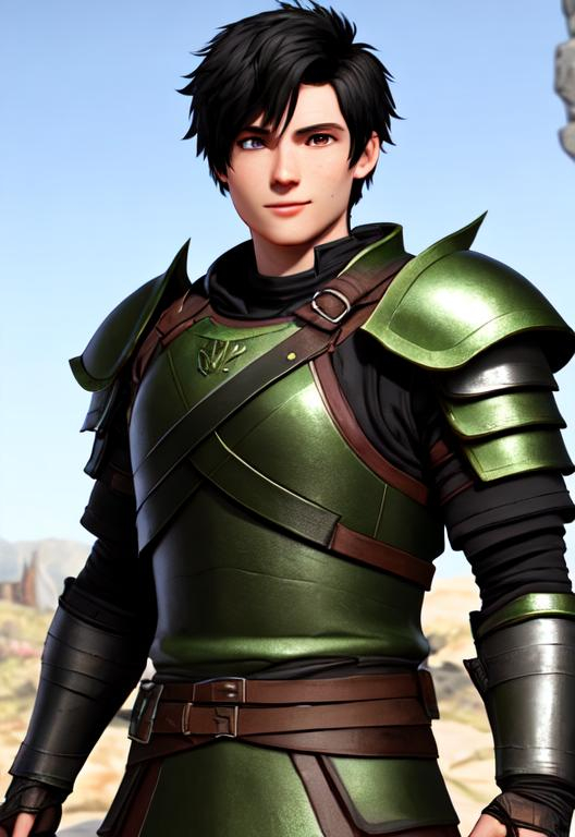 Prompt: Full character, kind of dorky, shy, Digital art, 22-year-old viking man, black hair. green armor. blue gear. medium-length black hair, subtle smile, short black stubble beard, hazel eyes, adventurer, blue sky background, unreal engine 8k octane, 3d lighting