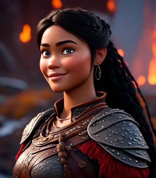 Prompt: <mymodel>CGI Animation, digital art, 20-year-old-old viking woman with light blue eyes, light clothes, black hair with black strands, single braid down her shoulder with a tiara, subtle smile, unreal engine 8k octane, 3d lighting, close up camera shot on the face, full armor