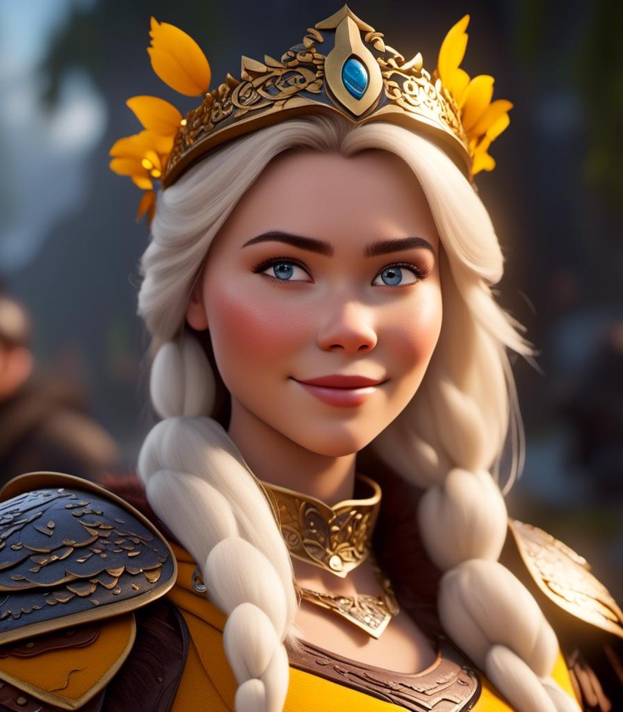 Prompt: <mymodel>CGI Animation, digital art, 20-year-old-old viking woman with light blue eyes, yellow clothes, gold colored armor, white hair, straight hair with a tiara, subtle smile, unreal engine 8k octane, 3d lighting, close up camera shot on the face, full armor