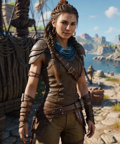 Prompt: Digital Art, 20-year-old pirate woman, muscular build, brown gear, brown shirt, brown pants, assassin's creed Odyssey armor, jeweled hair band, brunette hair, dreadlocks, subtle smile, beads hair, small red earrings, multiple braids, straight hair, blue eyes, bracelets, rings on fingers, mercenary gear, unreal engine 8k octane, 3d lighting, full body, full armor