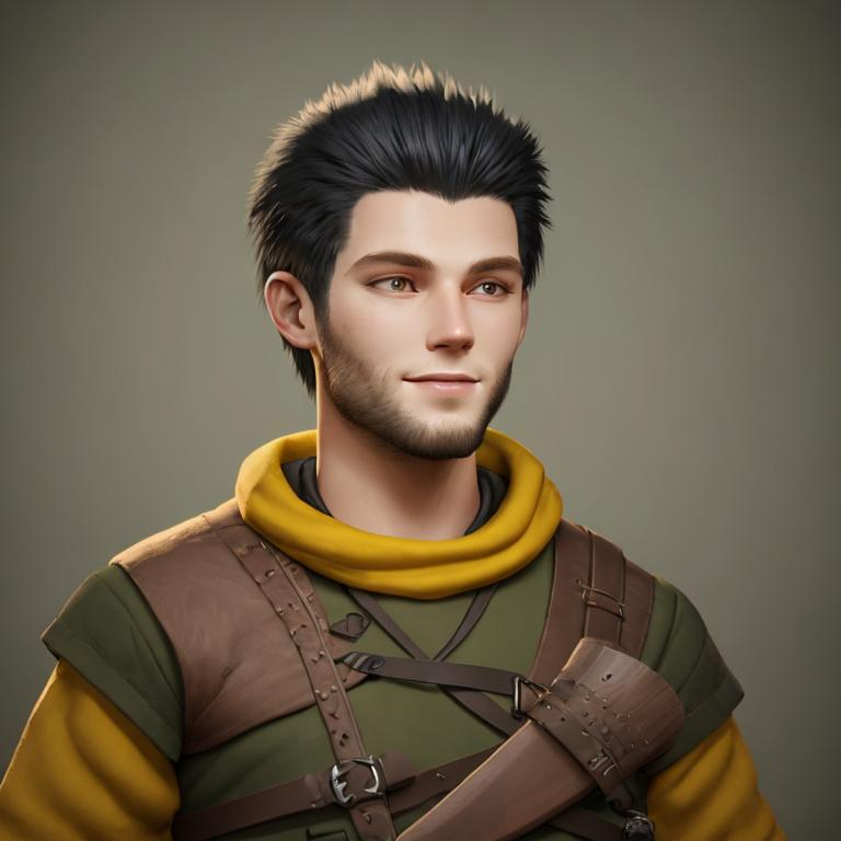 Prompt: Digital art, 22-year-old viking man, viking gear, medium-length black hair, short black stubble beard, subtle smile, hazel eyes, yellow viking gear, adventurer, unreal engine 8k octane, 3d lighting