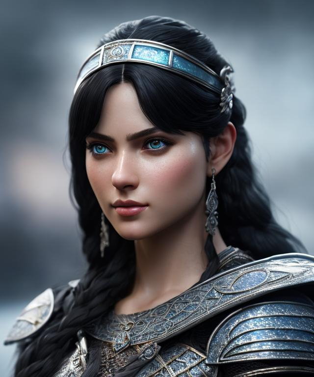 Prompt: she has black hair, create most beautiful fictional female viking princess warrior, black hair, light blue eyes, extremely detailed environment, detailed background, intricate, detailed skin, professionally color graded, photorealism, 8k, moody lighting