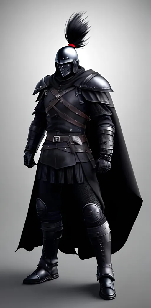 Prompt: Digital Art, a sinister viking man, black armor, black helmet, black visvor for helmet, black gear, with a long black ponytail coming from the helmet, a long black cloak, black bracers, black pants, black boots, unreal engine 8k octane, 3d lightning