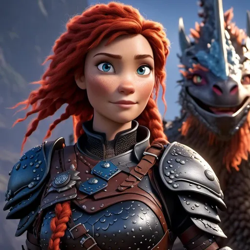 Prompt: <mymodel>CGI Animation of a viking woman of 40 years old, red hair with braids and dreadlocks, blue eyes, all black gear and armor, leather highlights and textures, dragon scale textures and armor, intricate details, high quality, digital painting, cool tones, dramatic lighting