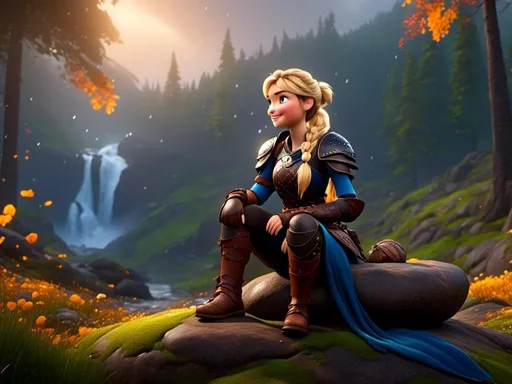 Prompt: <mymodel>CGi Animation, 20-year-old viking woman with blue eyes, she is wearing a tiara, a rainy scene, she is sitting on a boulder in a forest, the viking woman has a subtle smile with it pouring down rain, blonde hair in a ponytail style, she has blue gear, gold armor, black pants, black boots