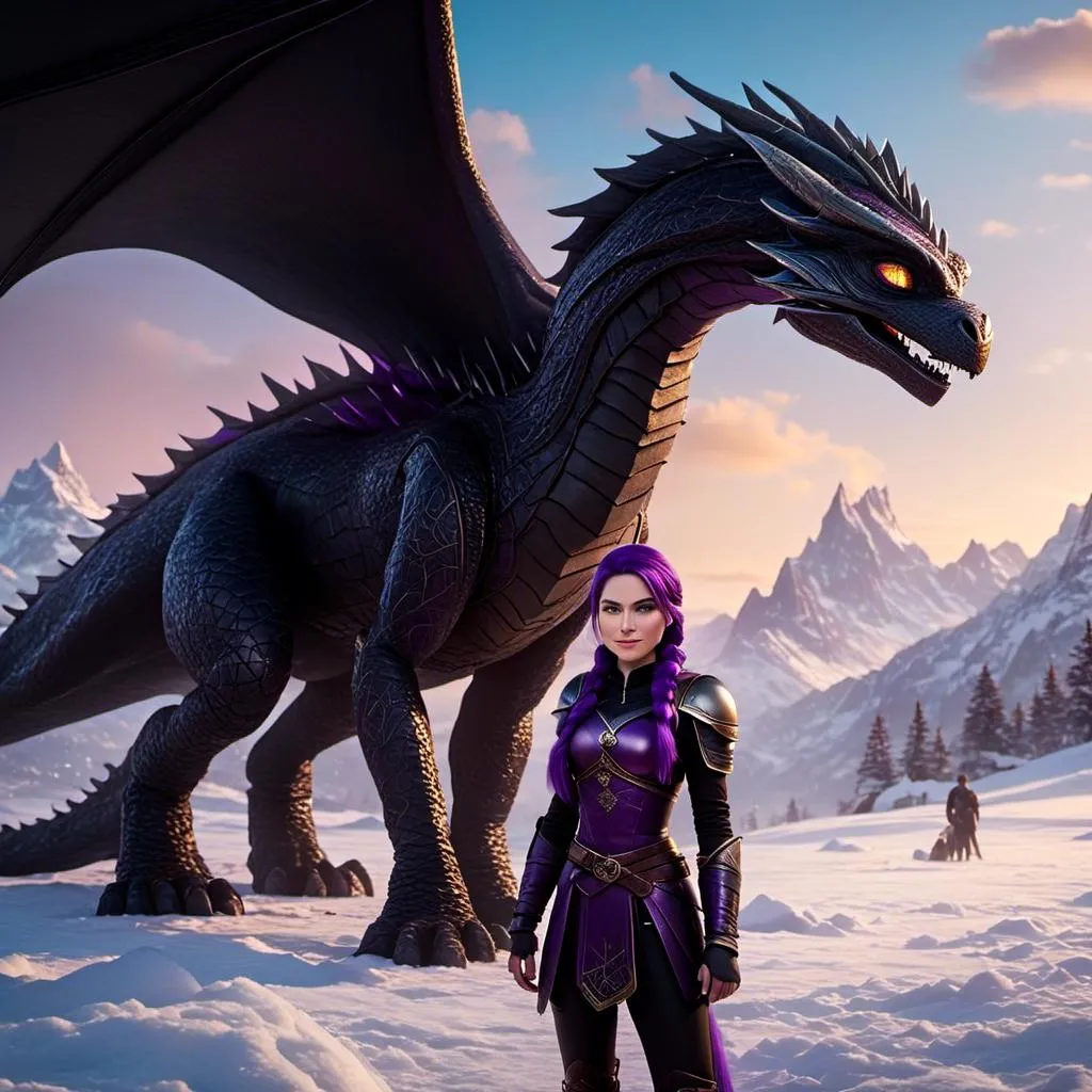 Prompt: Photo of <mymodel> standing next to her ((black)) razorwhip dragon from How to Train Your Dragon in the snow, she has light blue eyes