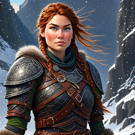 Prompt: <mymodel>Realistic digital art style of a fierce viking female warrior, detailed braided hair and battle scars, rugged and weathered armor, intense and determined gaze, snowy and rugged landscape, high-quality, realistic, digital painting, fierce, warrior, detailed hair, battle scars, snowy landscape, intense gaze, weathered armor, professional, dramatic lighting