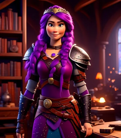 Prompt: <mymodel>CGI Animation, digital art, 20-year-old-old viking woman with light blue eyes, she is standing in her library, she is of royalty, {{black gear, purple armor}}, purple hair, single braid down her shoulder with a tiara, subtle smile, unreal engine 8k octane, 3d lighting, close up camera shot on the face, full armor