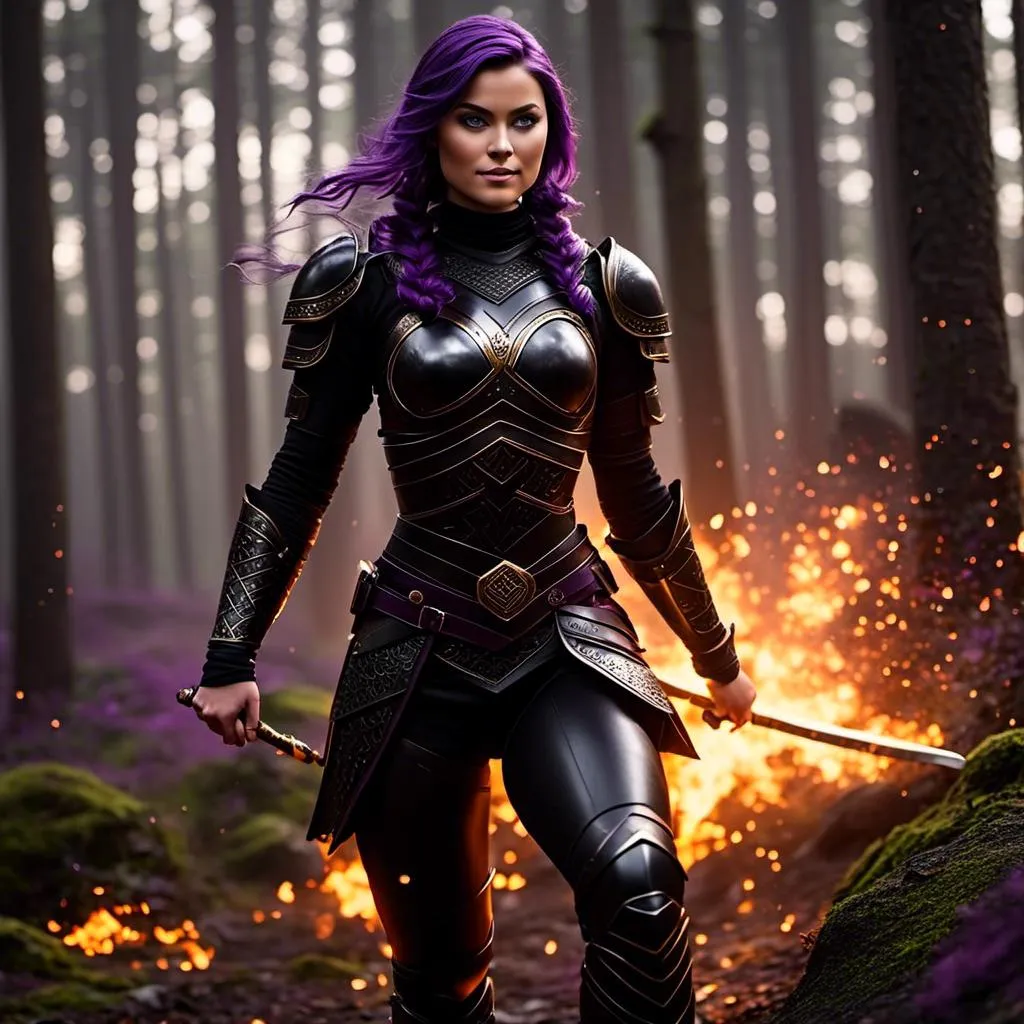 Prompt: <mymodel>25-year-old viking woman, subtle smile, light blue eyes, black gear, bright black armor, wearing an iron-man like suit of armor, black textures and highlights, fighting in the forest in an intense sword battle with Einar Verodfellar, short focus, blurry background, unreal engine 8k octane, 3d lighting, full body, full armor