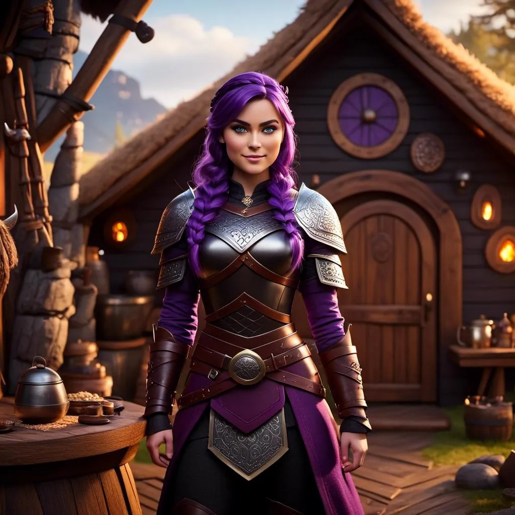 Prompt: Photo of <mymodel> viking in the style of 3D animation from "How to Train Your Dragon" standing in her viking hut