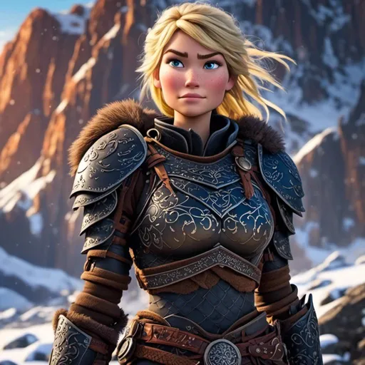 Prompt: <mymodel>animated CGI style, blonde hair, viking female warrior, detailed braided hair and battle scars, rugged and weathered armor, intense and determined gaze, snowy and rugged landscape, fierce, warrior, detailed hair, battle scars, snowy landscape, intense gaze, weathered armor, dramatic lighting