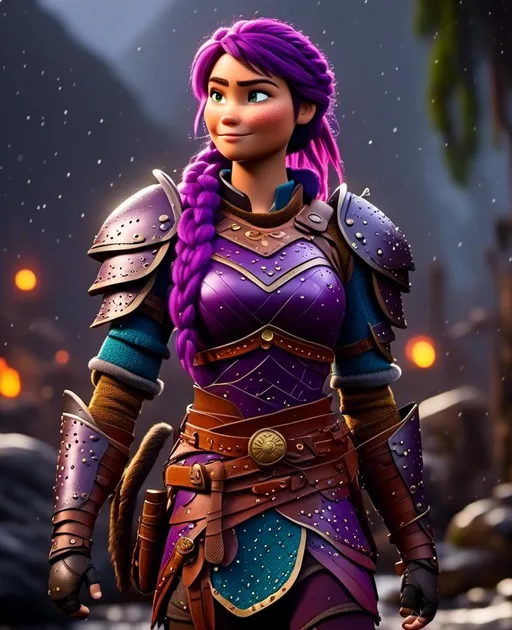 Prompt: Photo of <mymodel> standing in a heavy rain, viking warrior, {{((light blue eyes))}}, purple hair, single braid down her shoulder, purple gear, gold armor, purple pants, gold boots, full body shot, 16K unreal engine octane