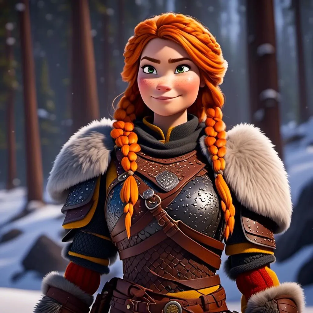 Prompt: <mymodel>CGi Animation, 25-year-old viking woman warrior with yellow eyes, a snowy scene, the viking woman has a subtle smile, hazel color hair, she has dark yellow gear, orange armor with bursts of red textured splotches, black pants, black boots