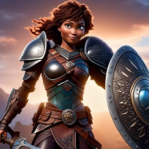 Prompt: <mymodel>Animated CGI style of a fierce Caucasian Viking, female about 25 years old, detailed facial features, leather armor with intricate Nordic designs, battle axe and shield, intense and determined expression, dynamic and powerful pose, high definition, CGI, detailed armor, fierce female, Nordic designs, battle-ready, dynamic pose, professional lighting