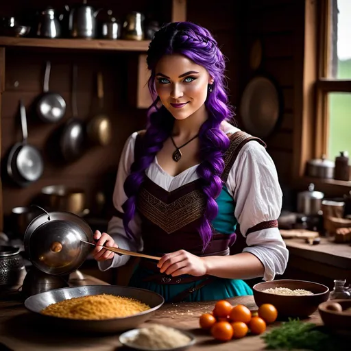 Prompt: Photo of <mymodel> working in the kitchen preparing food in her viking house, she has light blue eyes