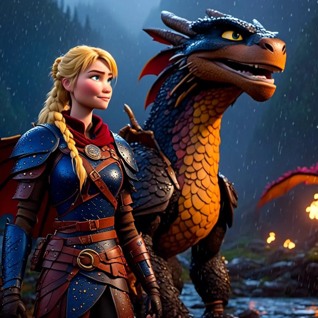 Prompt: <mymodel>CGi Animation, 20-year-old viking woman with blue eyes, a rainy scene, she is standing next to a bright blue dragon with gold highlights, they are both in the rain, the viking woman has a subtle smile, blonde hair, she has blue gear, gold armor, black pants, black boots, unreal engine 8k octane, 3d lighting, full body, full armor