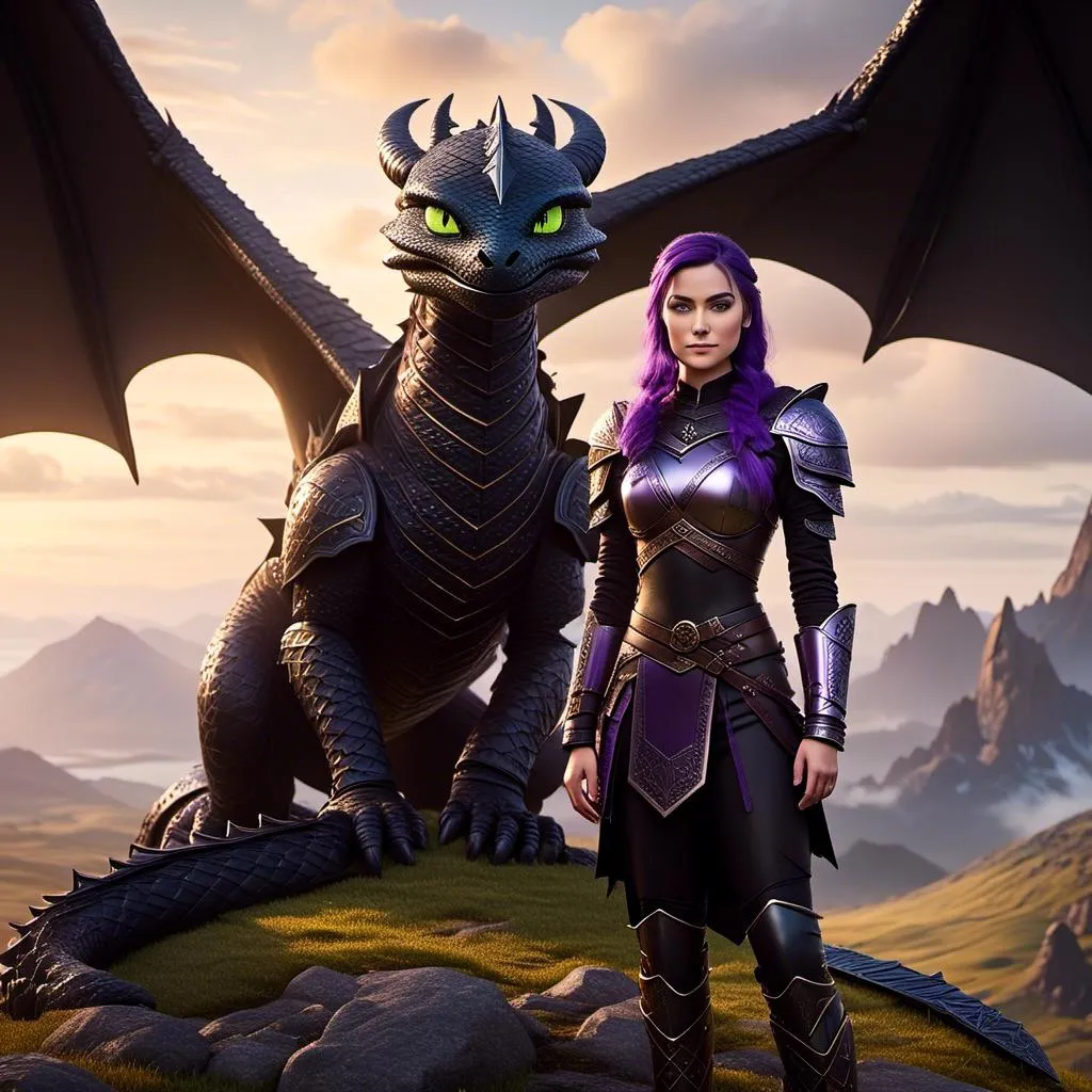 Prompt: Photo of <mymodel> standing next to her ((black)) razorwhip dragon from "How to Train Your Dragon"