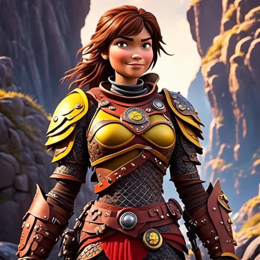 Prompt: <mymodel>CGI Animation of a viking female, brown hair, hazel eyes, bright red gear and armor, yellow highlights and textures, intricate details, high quality, digital painting, cool tones, dramatic lighting