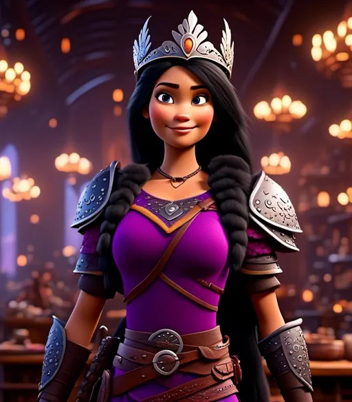 Prompt: <mymodel>CGI Animation, digital art, 20-year-old-old viking woman with light blue eyes, she is standing in her library, she is of royalty, {{black gear, purple armor}}, black hair with purple strands, single braid down her shoulder with a tiara, subtle smile, unreal engine 8k octane, 3d lighting, close up camera shot on the face, full armor