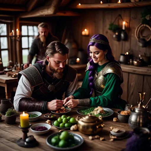 Prompt: Photo of a young <mymodel> setting the supper table with her husband a young Jarl Mollerson with green clothes in their viking house