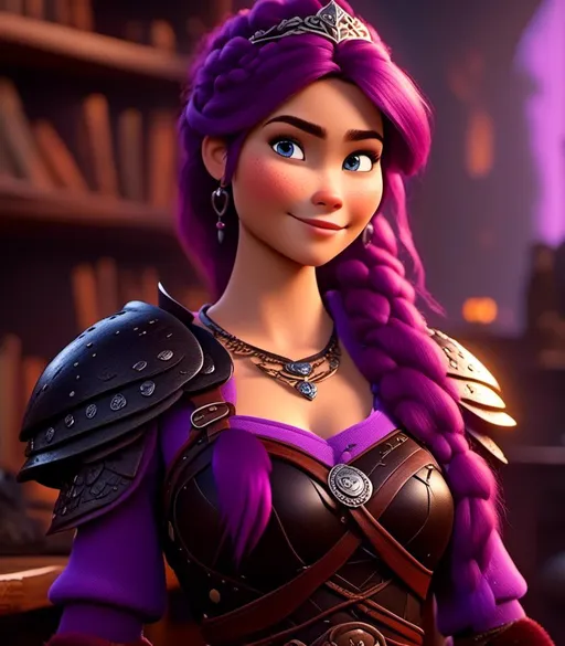 Prompt: <mymodel>CGI Animation, digital art, 20-year-old-old viking woman with light blue eyes, she is standing in her library, she is of royalty, {{black gear, purple armor}}, purple hair, single braid down her shoulder with a tiara, subtle smile, unreal engine 8k octane, 3d lighting, close up camera shot on the face, full armor