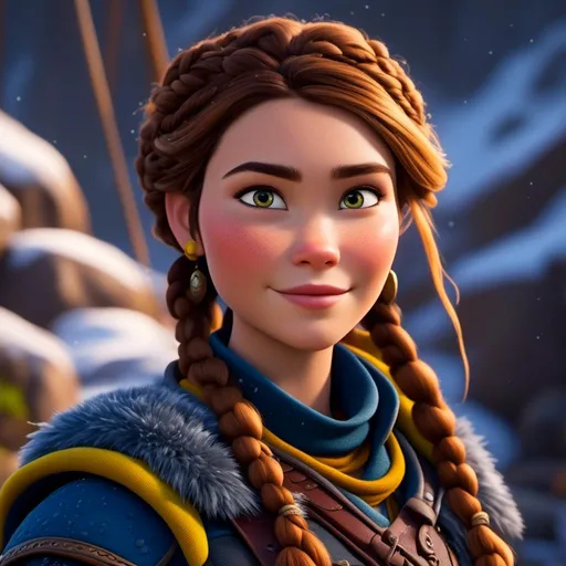 Prompt: <mymodel>CGI Animation, close-up portrait of the face, 20-year-old-old pirate woman sitting on a snow bank, a snowy scene, {{yellow gear, blue armor}}, brunette hair, dreadlocks with a faded buzz cut on the side of the head, subtle smile, beads hair, small red earrings, multiple braids, yellow gear, straight hair, green eyes, bracelets, rings on fingers, mercenary gear, unreal engine 8k octane, 3d lighting, close up camera shot on the face, full armor