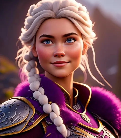 Prompt: <mymodel>CGI Animation, digital art, 20-year-old-old viking woman with light blue eyes, purple clothes, gold colored armor, white hair, single braid down her shoulder with a tiara, subtle smile, unreal engine 8k octane, 3d lighting, close up camera shot on the face, full armor