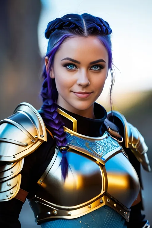 Prompt: Digital art, bright colors, subtle smile, 23-year-old woman viking, dark purple hair, one braid, light blue eyes, cut over left eye to on cheekbone, black gear, gold armor, unreal engine 8k octane, 3d lighting, full body, full armor