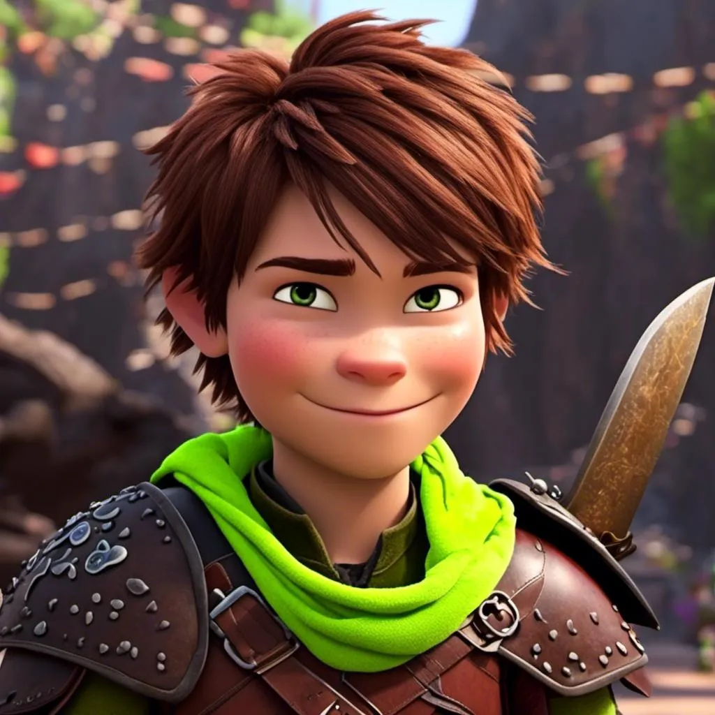 Prompt: <mymodel>CGI Animation, sinister viking boy, 18-year-old, chaotic evil, red short messy hair, no facial hair, neon green bandana scarf, dark brown, dark brown long-sleeve shirt, pants, leather armor, two daggers, dozen throwing knives