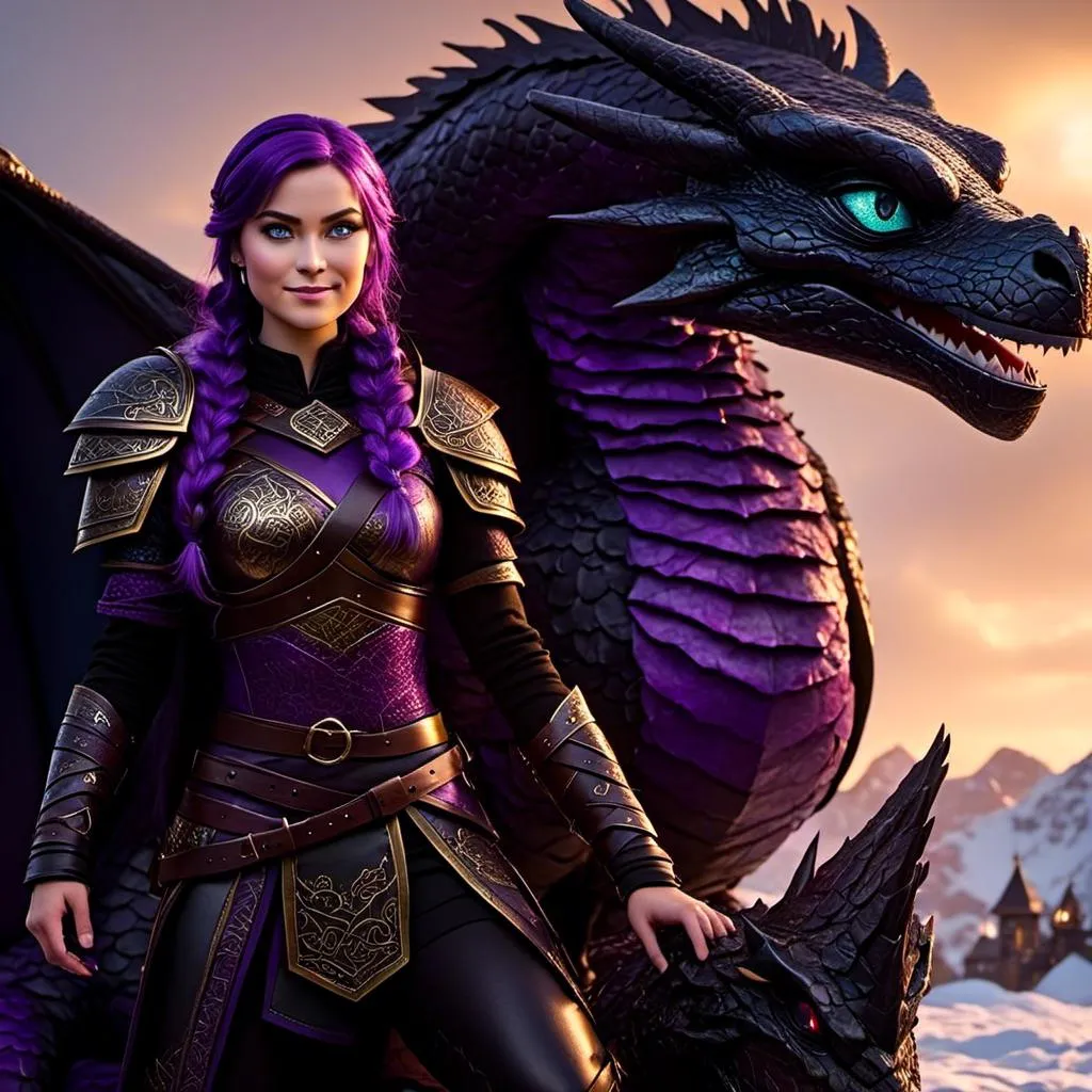 Prompt: Photo of <mymodel> standing next to her ((black)) razorwhip dragon from How to Train Your Dragon in the snow, she has light blue eyes