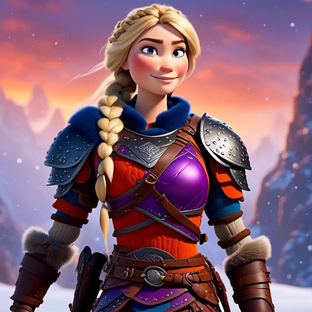 Prompt: <mymodel>CGi Animation, 25-year-old viking woman warrior with blue eyes, a snowy scene, the viking woman has a subtle smile, blonde hair, she has red gear, orange armor with bursts of purple textured splotches, black pants, black boots